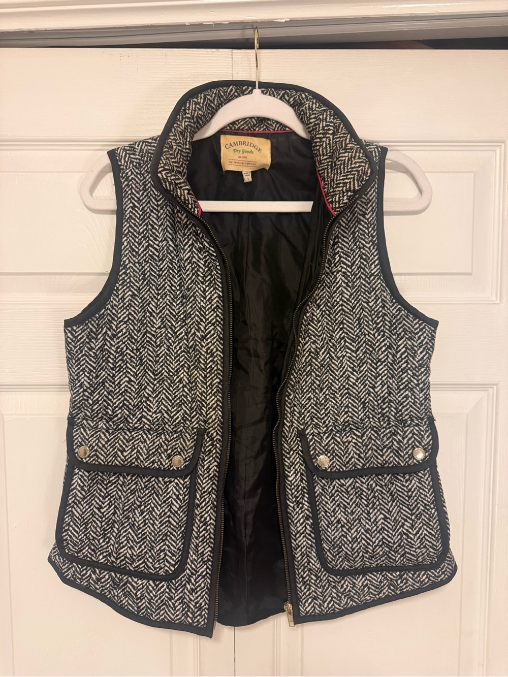Cambridge Dry Goods Black & White Herringbone Quilted Vest with Navy Trim
